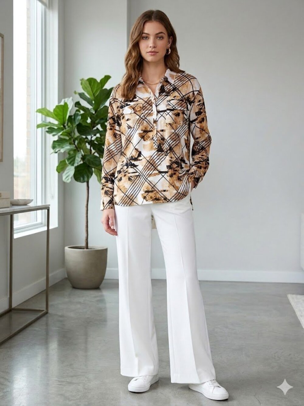 Dana Buchman Cotton Print Blouse Black White Camel Abstract Pattern Size XL